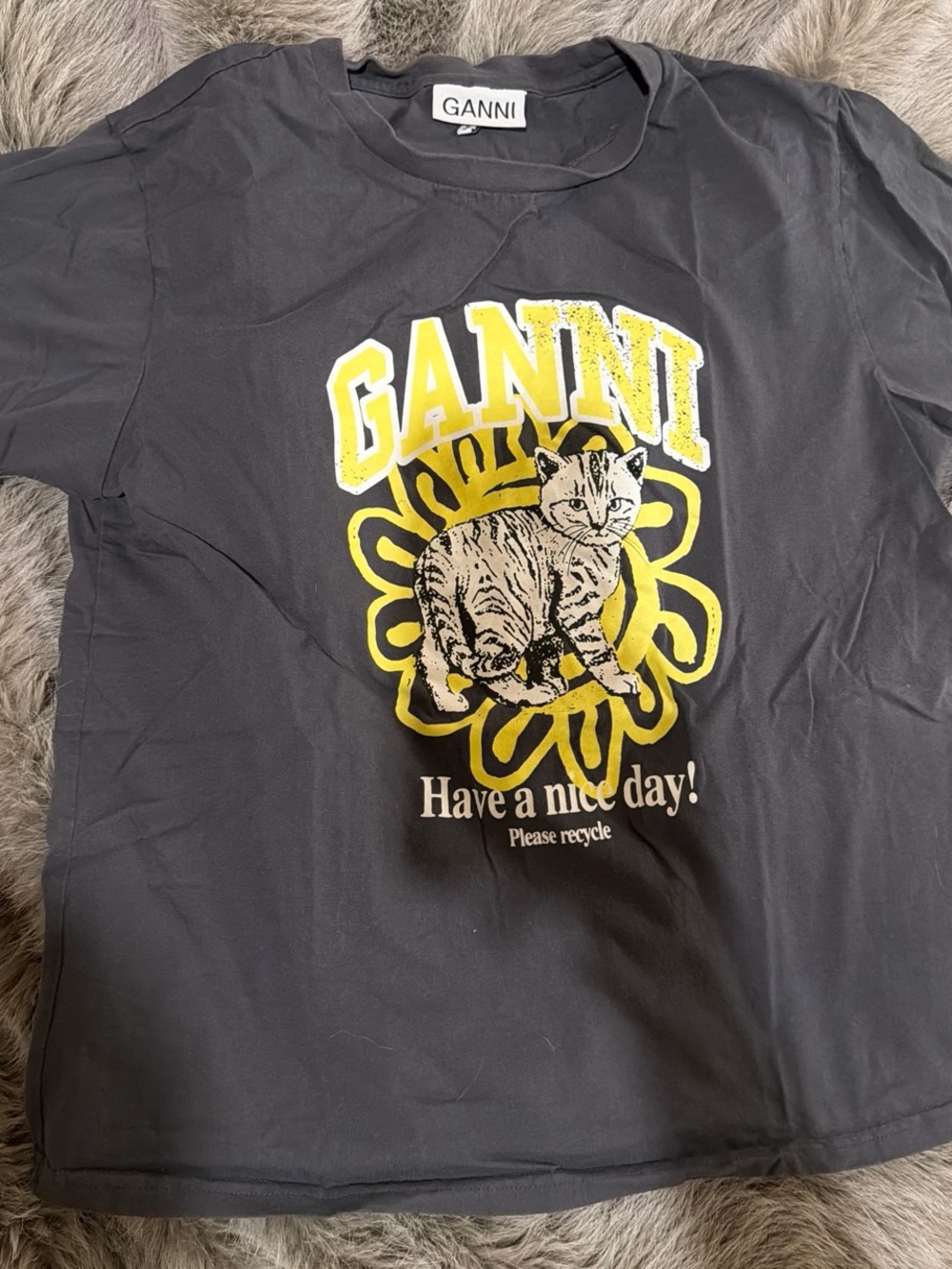 Ganni Black Short-Sleeve Tee with Yellow Cat Graphic